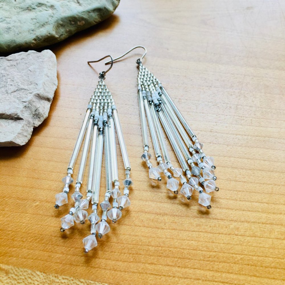 Long Fringe Woven Seed Bead Clear Glass, Silver, and Crystal Beaded Earring